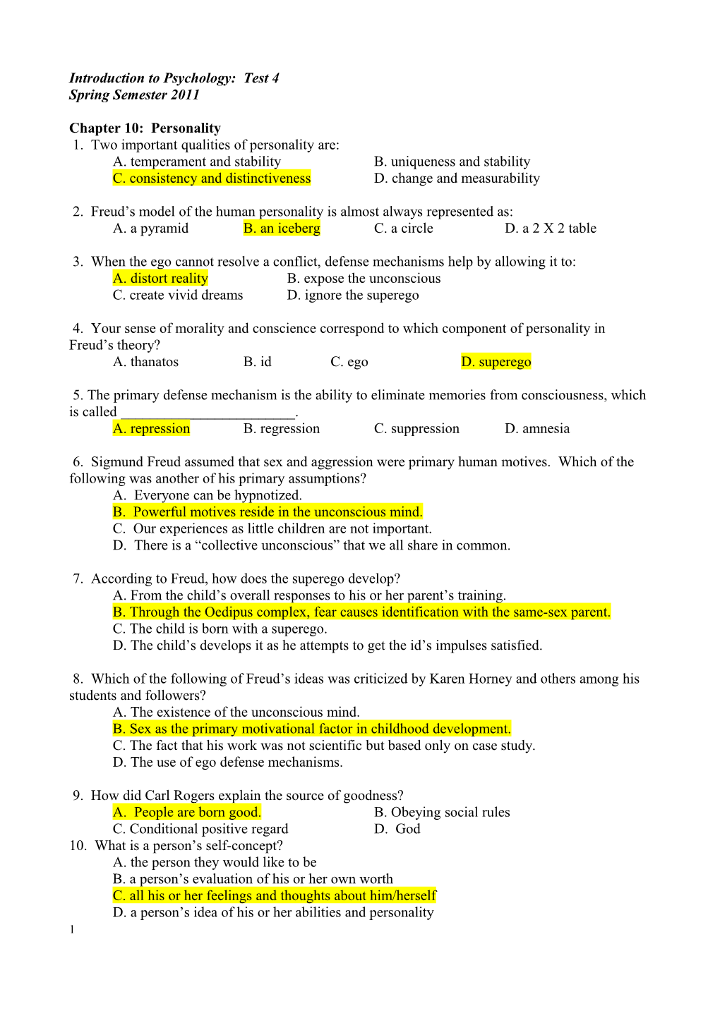 Introduction to Psychology: Final Exam