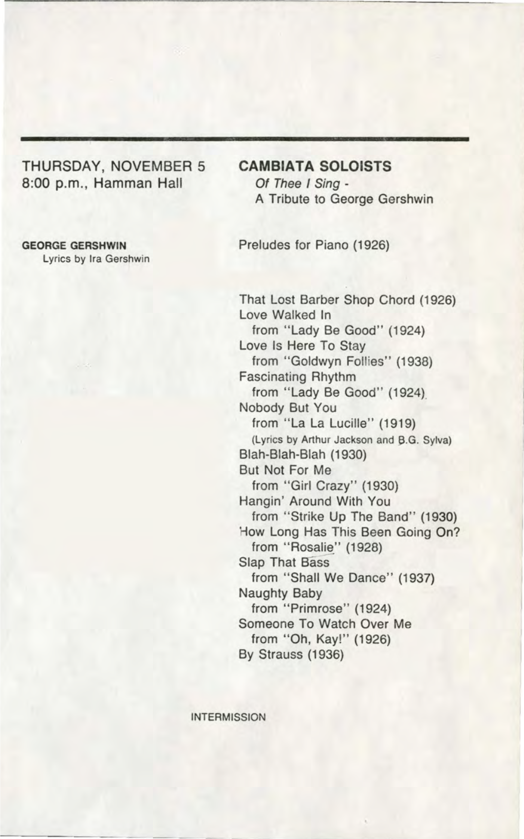 Cambiata Soloists, Thursday, November 5, 1987, 8:00 P.M