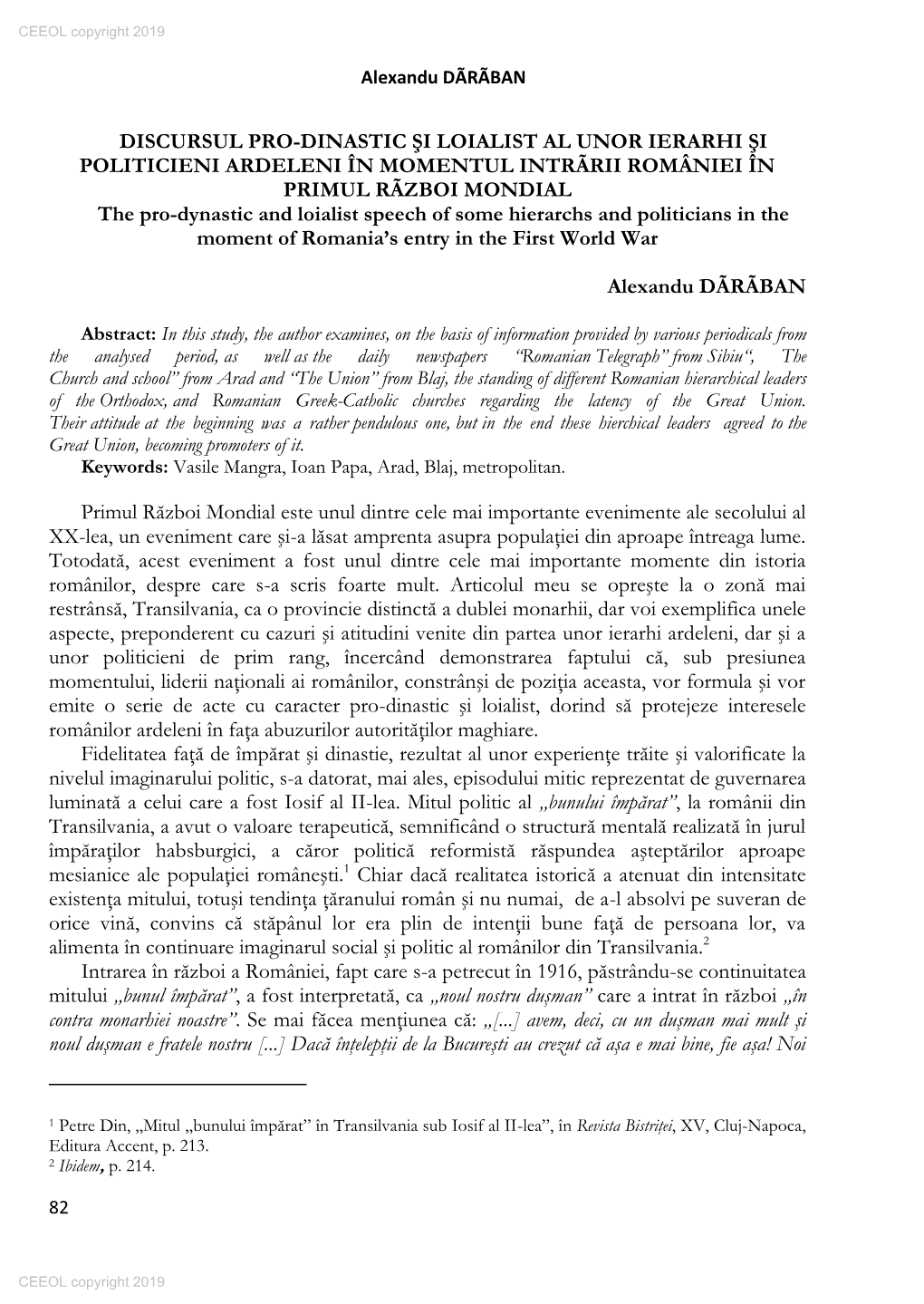 Discursul Pro-Dinastic Şi Loialist Al Unor Ierarhi Şi Politicieni Ardeleni În Momentul Intrării României În Primul Război