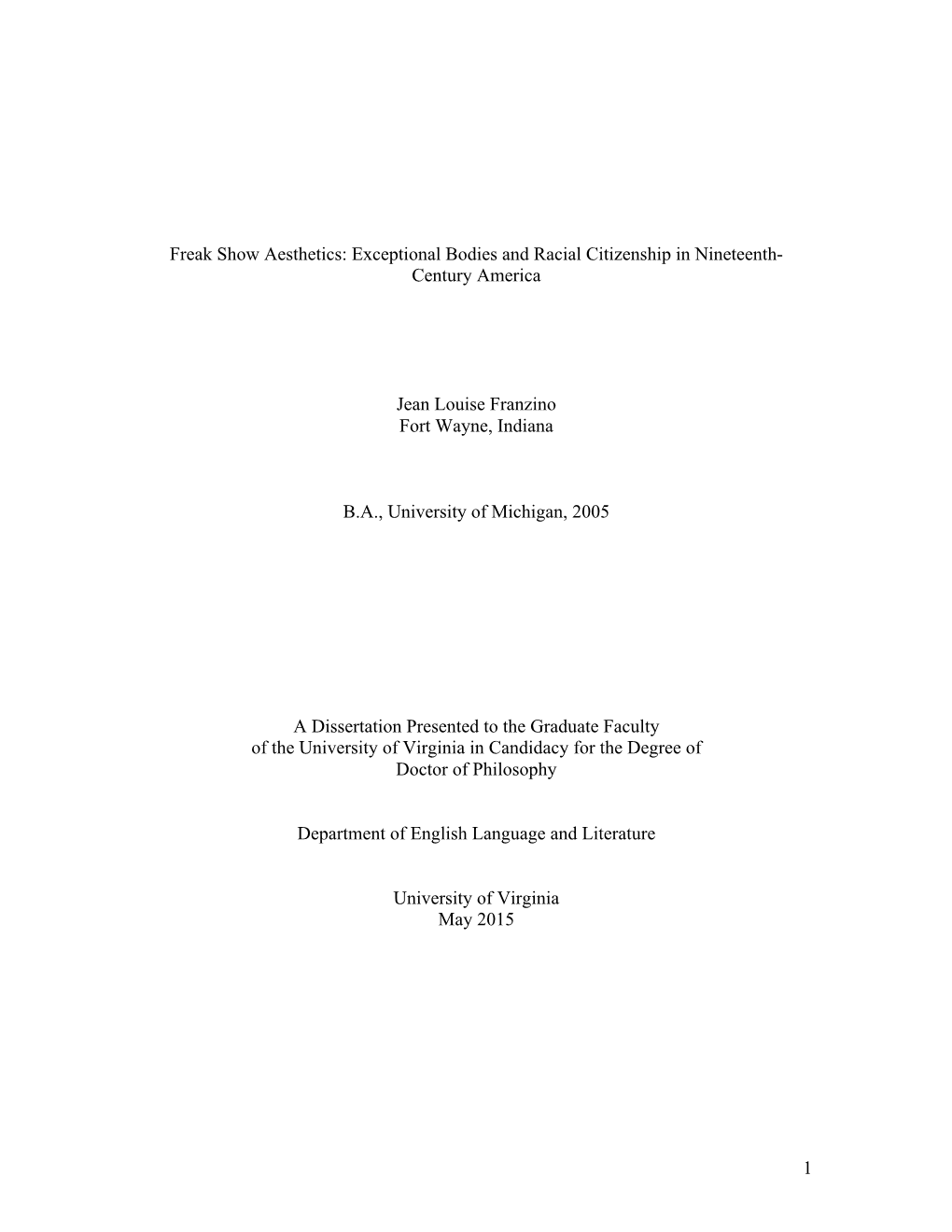 Freak Show Aesthetics: Exceptional Bodies and Racial Citizenship in Nineteenth- Century America