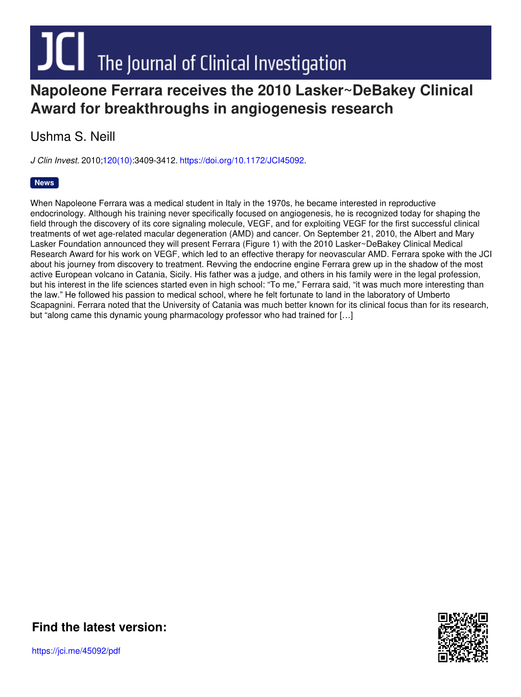 Napoleone Ferrara Receives the 2010 Lasker~Debakey Clinical Award for Breakthroughs in Angiogenesis Research