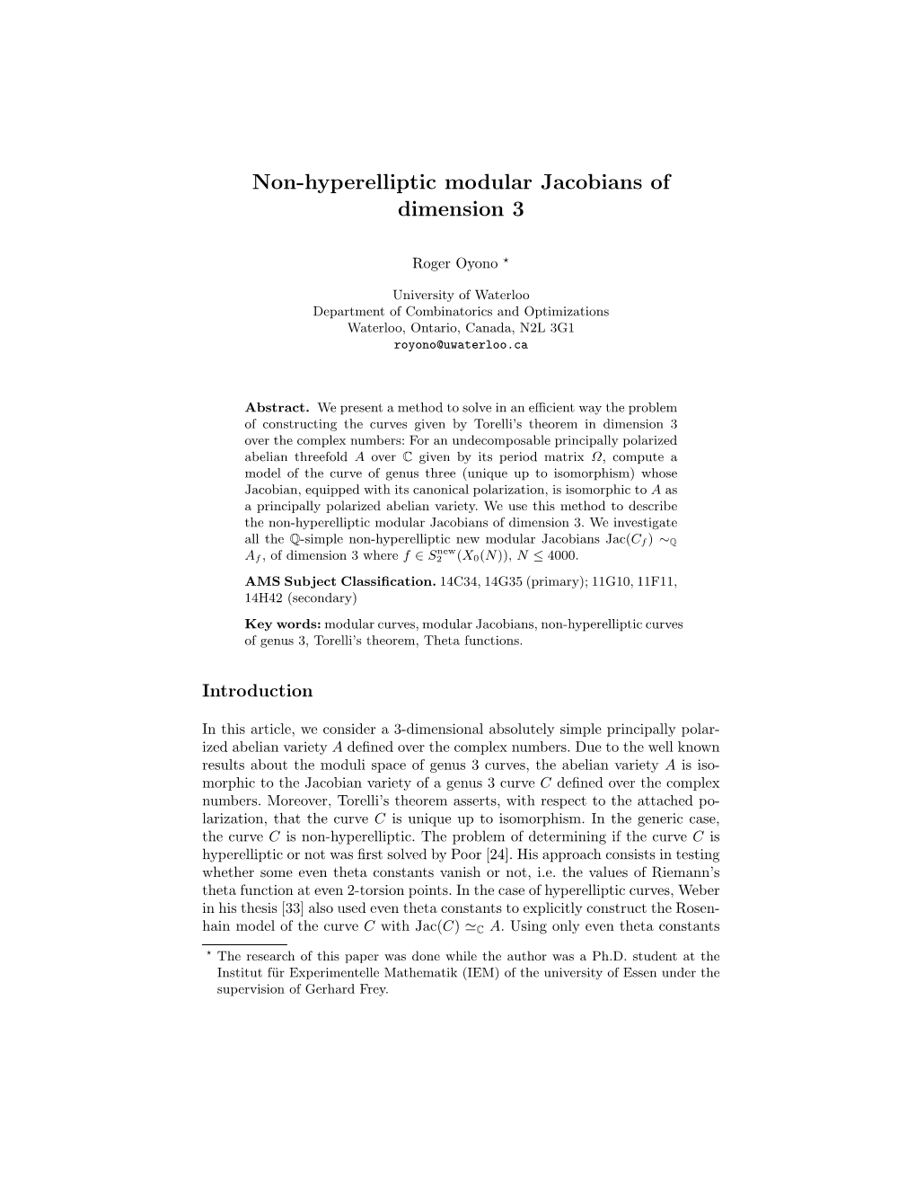 Non-Hyperelliptic Modular Jacobians of Dimension 3