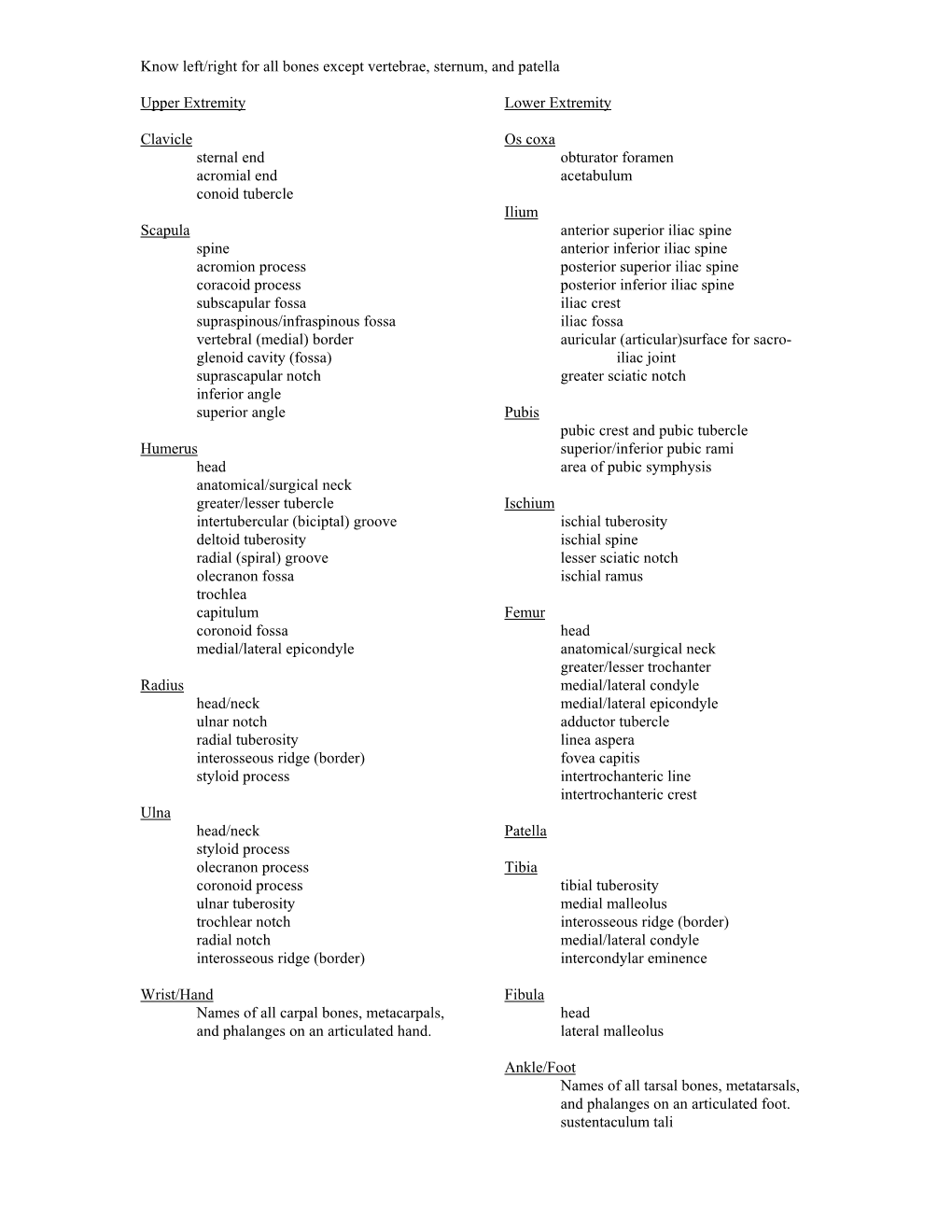 Know Left/Right for All Bones Except Vertebrae, Sternum, and Patella Upper Extremity Clavicle Sternal End Acromial End Conoid Tu