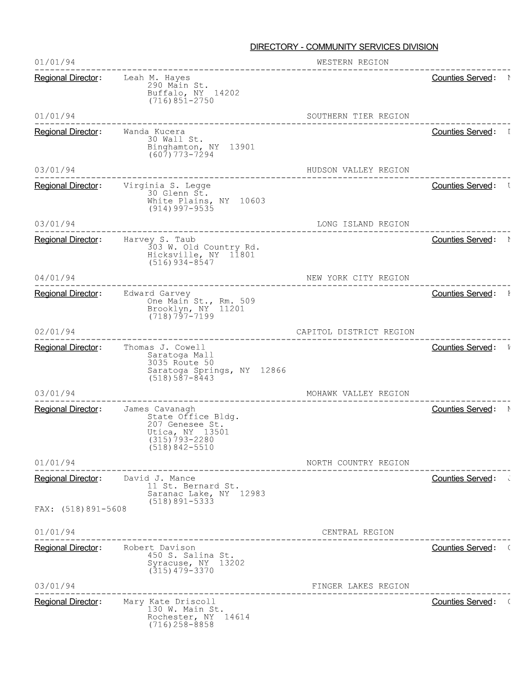 DIRECTORY - COMMUNITY SERVICES DIVISION 01/01/94 WESTERN REGION Page 1 0936 ------Regional Director: Leah M