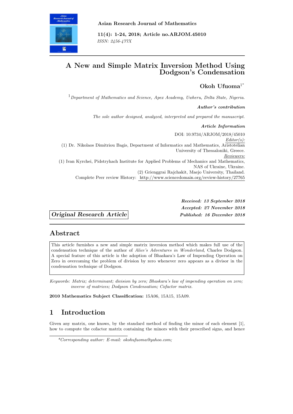 A New and Simple Matrix Inversion Method Using Dodgson's