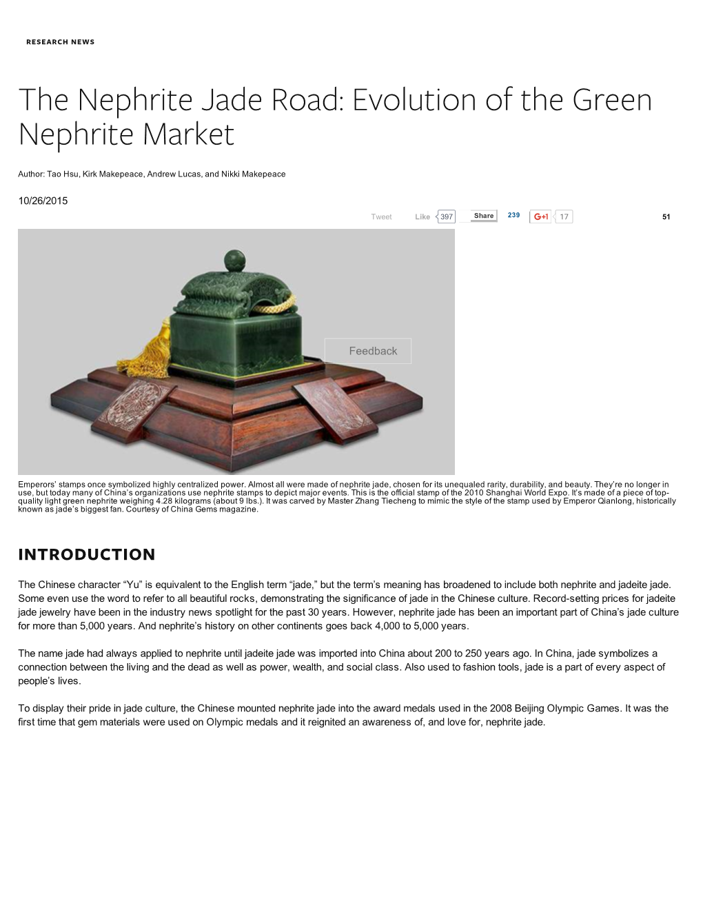 GIA Article – “The Nephrite Jade Road Evolution of the Green Nephrite Market”