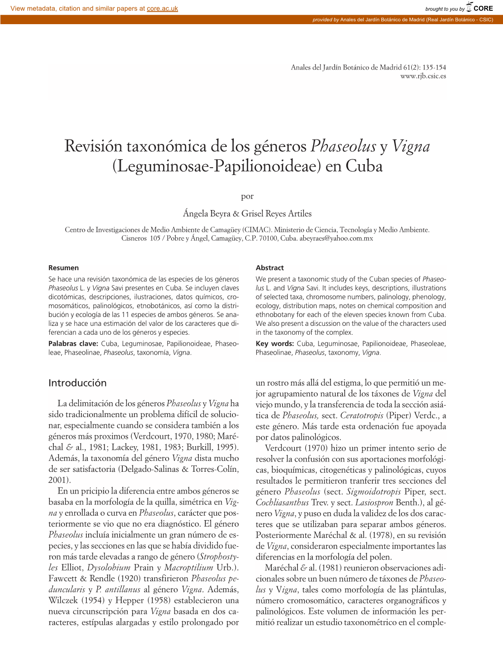Revisión Taxonómica De Los Géneros Phaseolus Y Vigna (Leguminosae-Papilionoideae) En Cuba