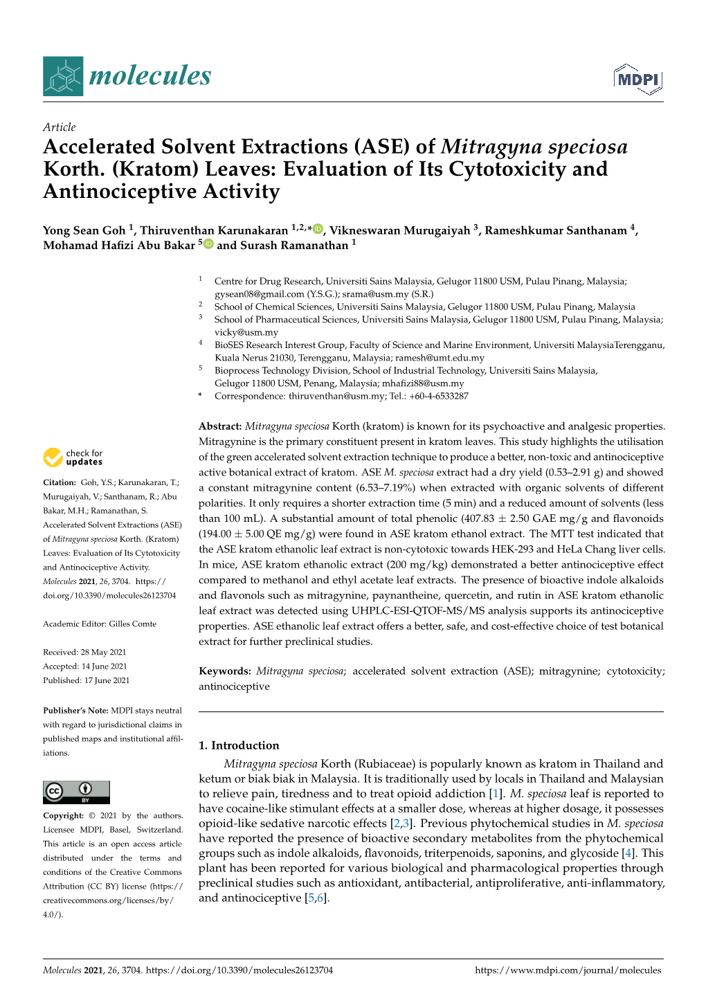 (ASE) of Mitragyna Speciosa Korth. (Kratom) Leaves: Evaluation of Its Cytotoxicity and Antinociceptive Activity