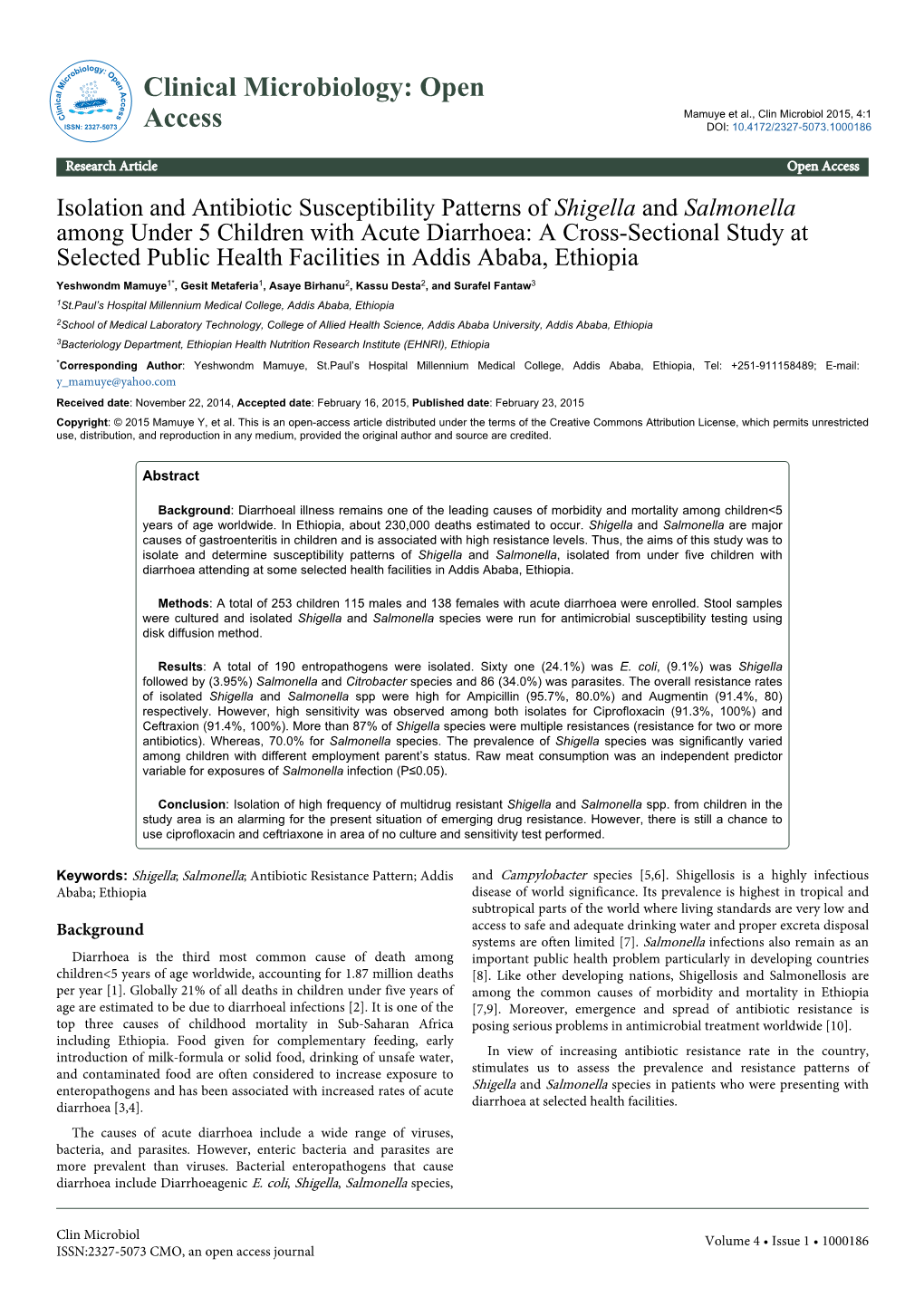 Isolation and Antibiotic Susceptibility Patterns of Shigella and Salmonella