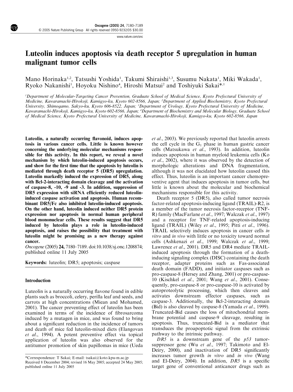 Luteolin Induces Apoptosis Via Death Receptor 5 Upregulation in Human Malignant Tumor Cells