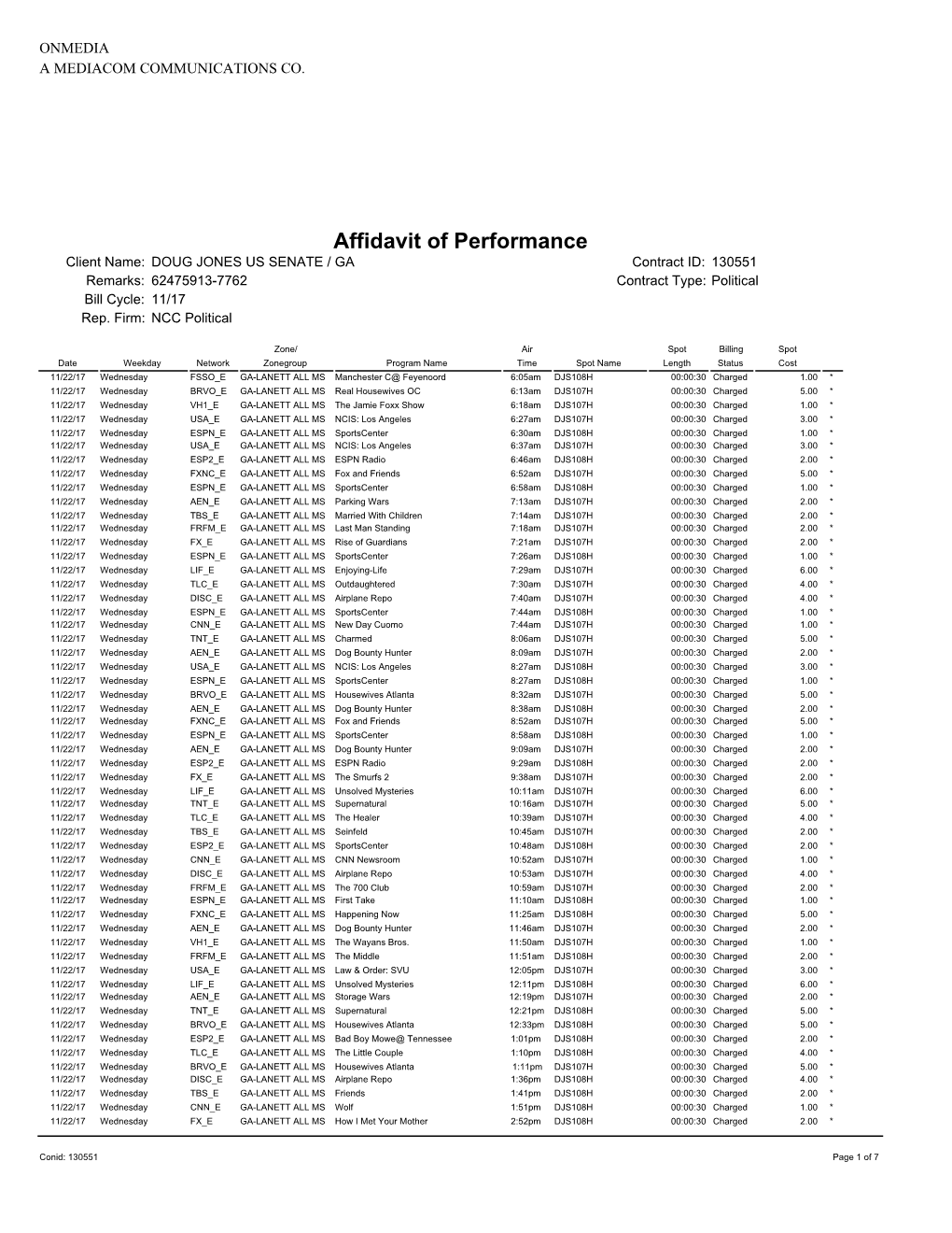 Affidavit of Performance Client Name: DOUG JONES US SENATE / GA Contract ID: 130551 Remarks: 62475913-7762 Contract Type: Political Bill Cycle: 11/17 Rep