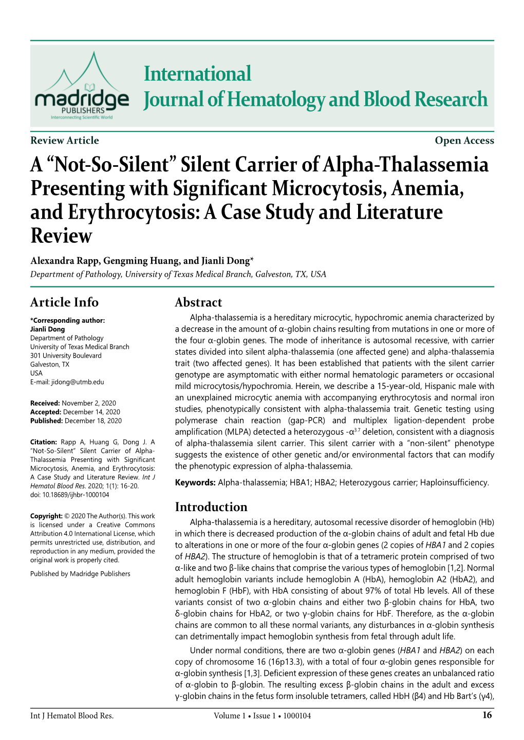 Silent Carrier of Alpha-Thalassemia Presenting with Significant