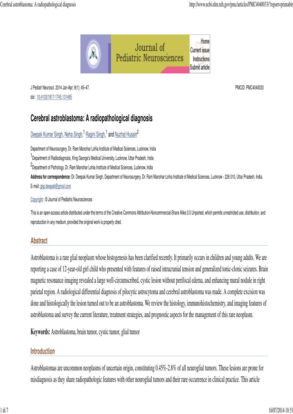 Cerebral Astroblastoma: a Radiopathological Diagnosis