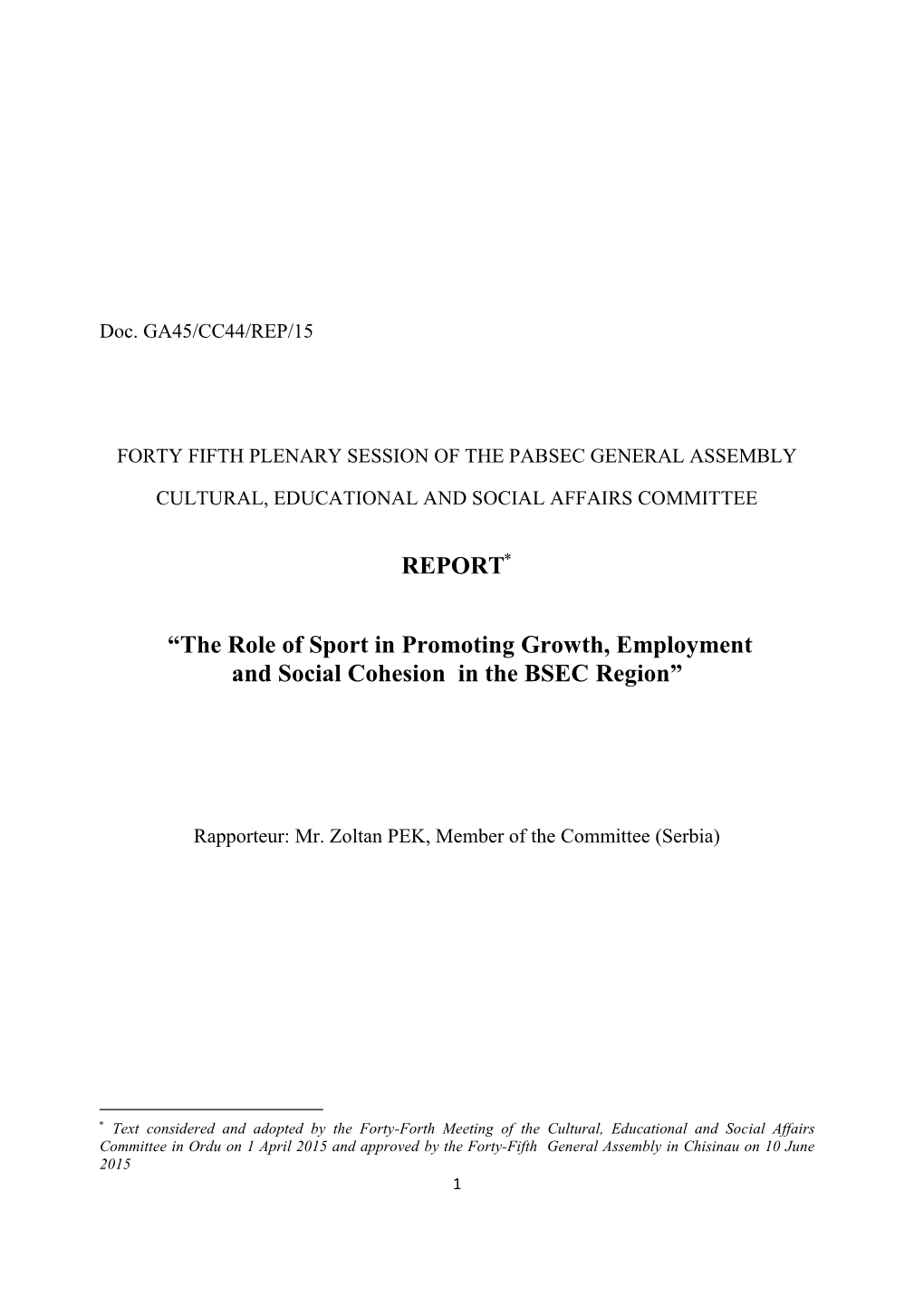 REPORT “The Role of Sport in Promoting Growth