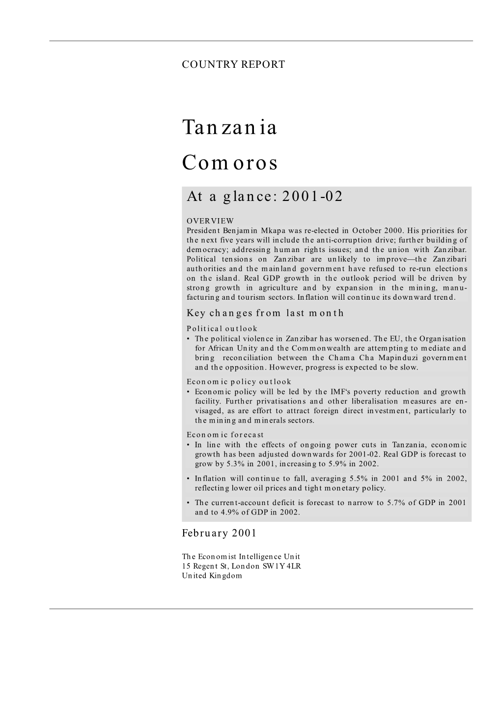 Tanzania Comoros at a Glance: 2001-02