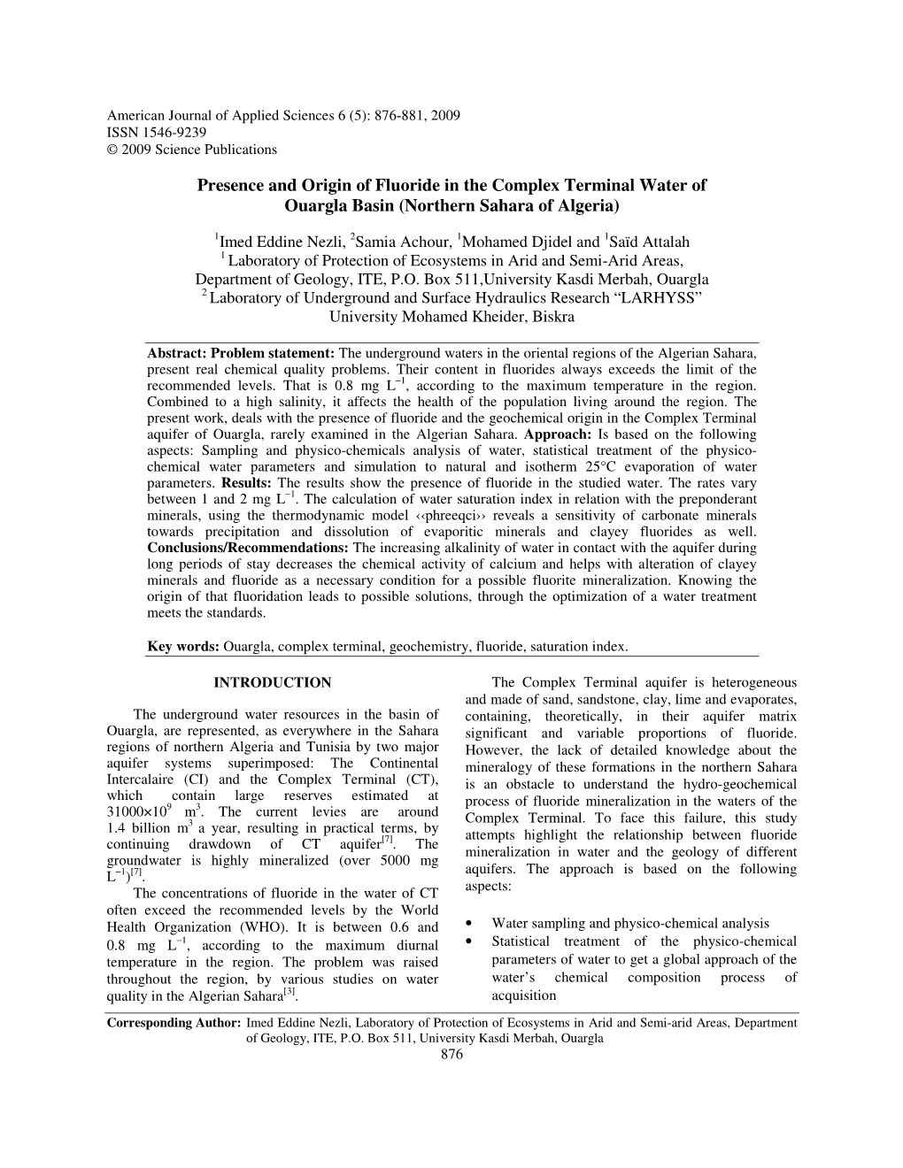 Presence and Origin of Fluoride in the Complex Terminal Water of Ouargla Basin (Northern Sahara of Algeria)