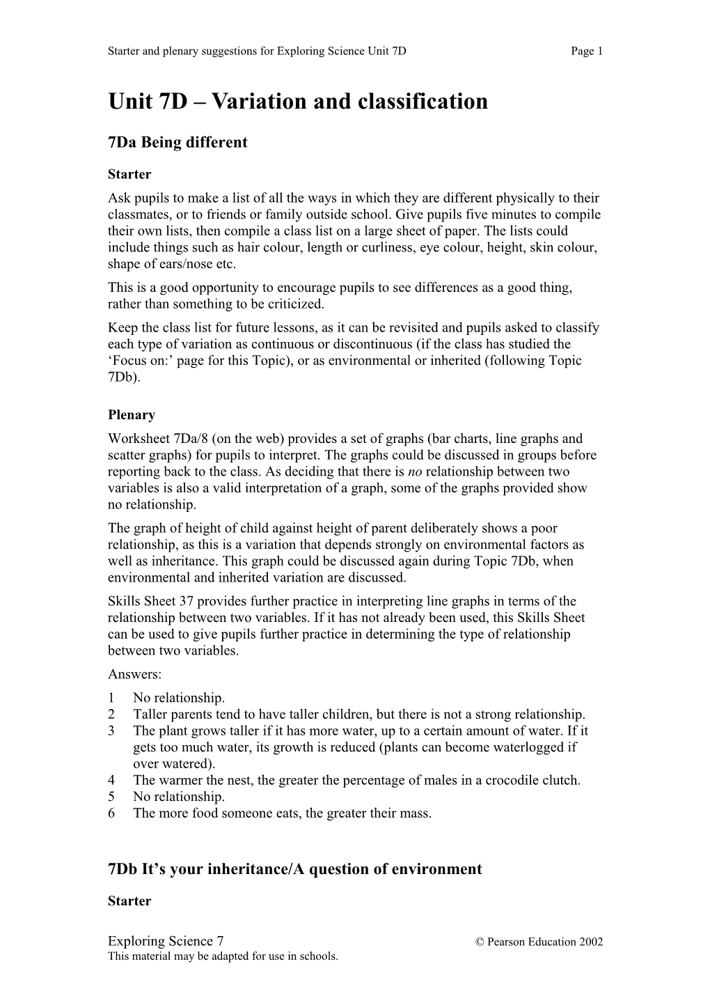 Starter and Plenary Suggestions for Exploring Science Unit 7D Page 5