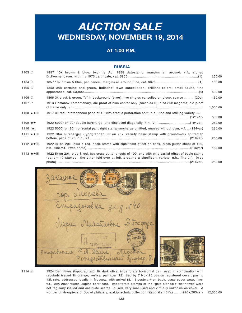 Auction Sale Wednesday, November 19, 2014