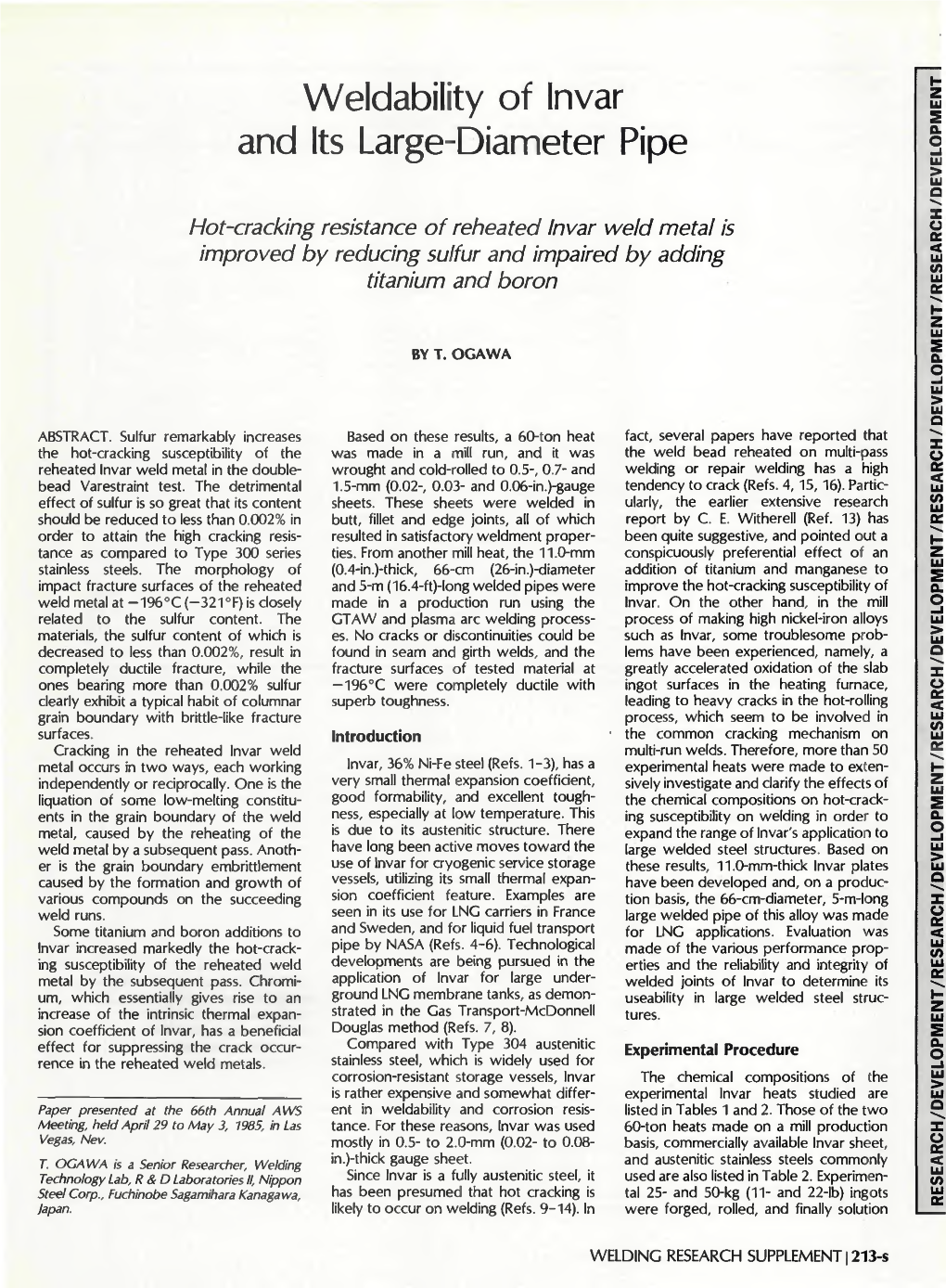 Weldability of Invar and Its Large-Diameter Pipe