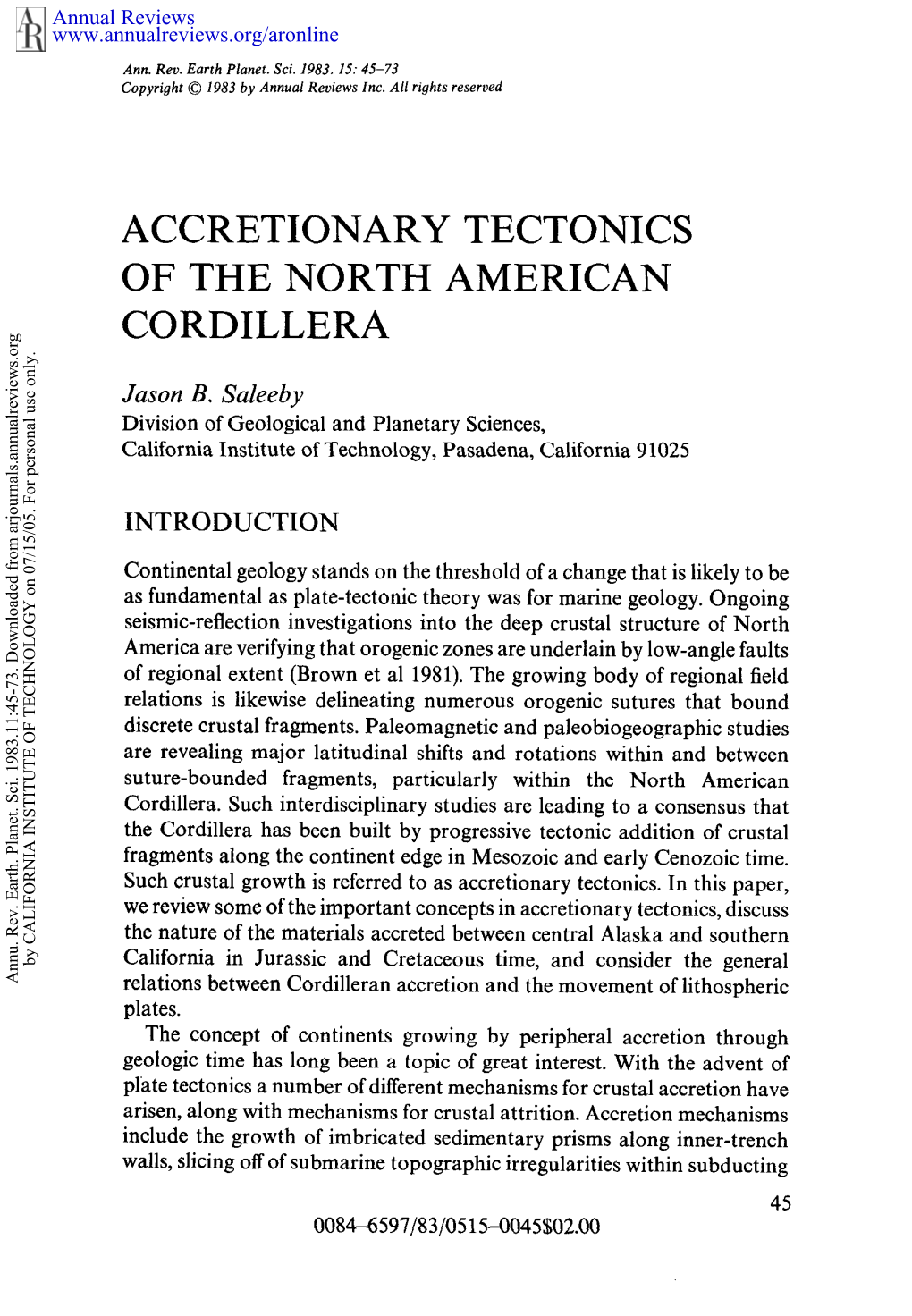 Accretionary Tectonics of the North American Cordillera