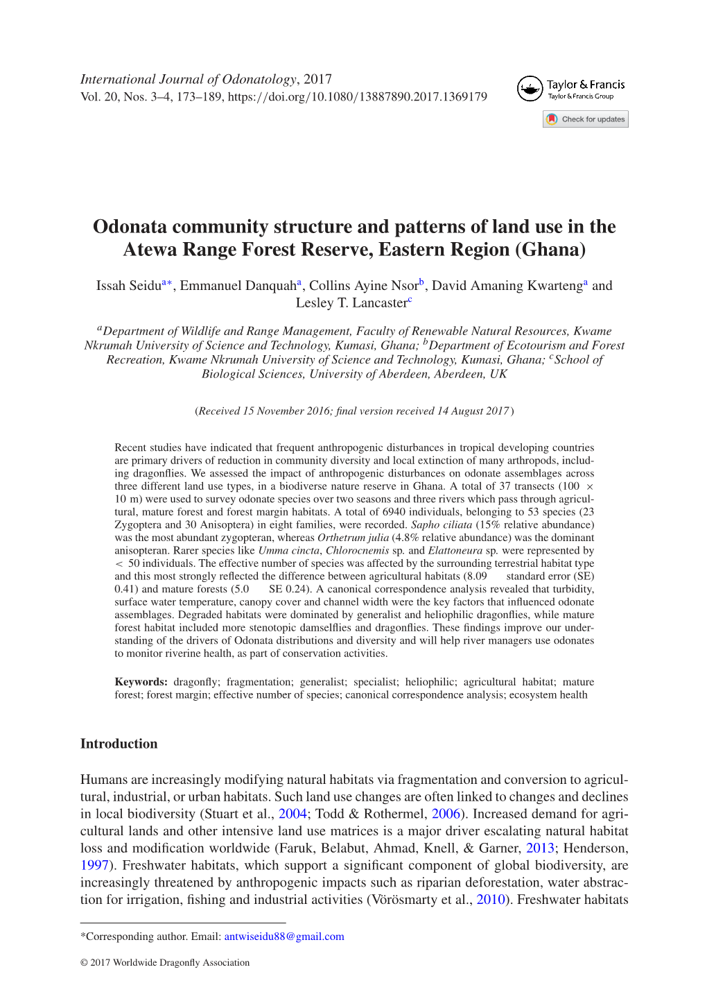 Odonata Community Structure and Patterns of Land Use in the Atewa Range Forest Reserve, Eastern Region (Ghana)