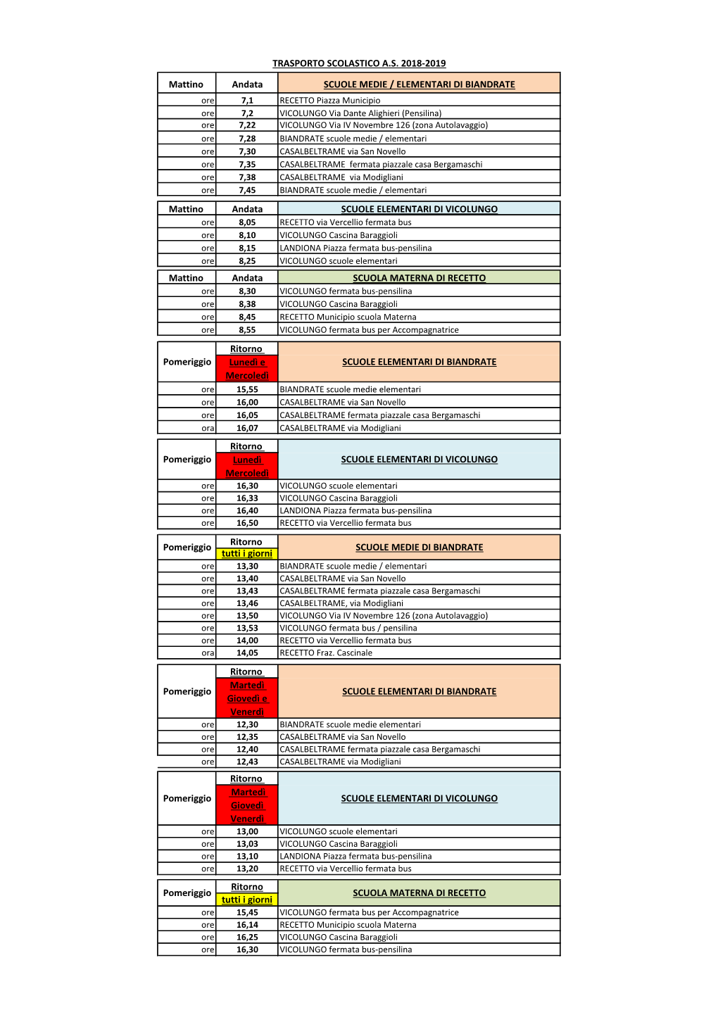 Mattino Andata SCUOLE MEDIE / ELEMENTARI DI BIANDRATE