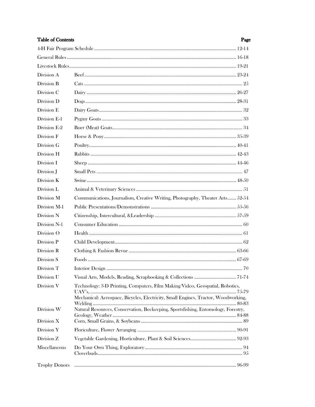 Table of Contents Page 4-H Fair Program Schedule