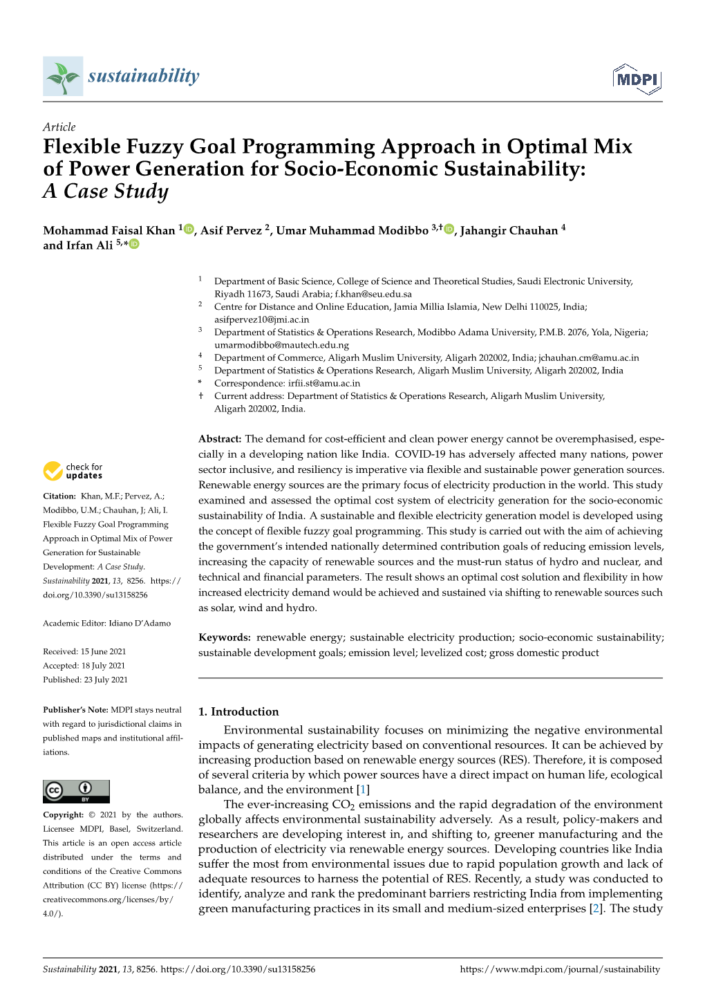 Flexible Fuzzy Goal Programming Approach in Optimal Mix of Power Generation for Socio-Economic Sustainability: a Case Study