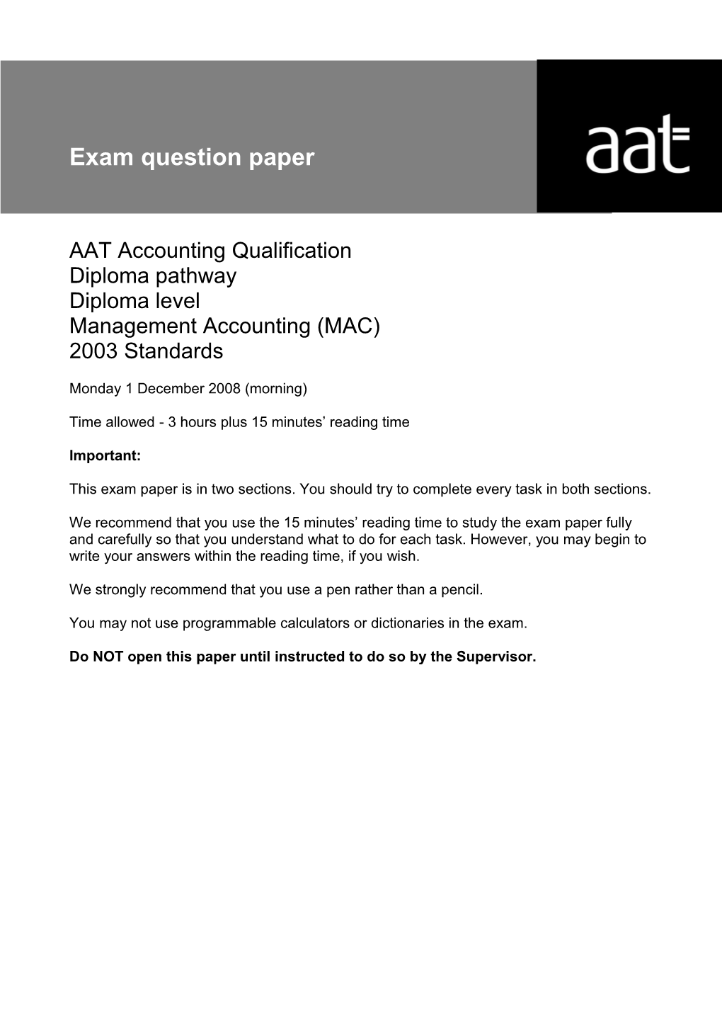 Aat Specimen Section of Exam Paper 2003 Standards