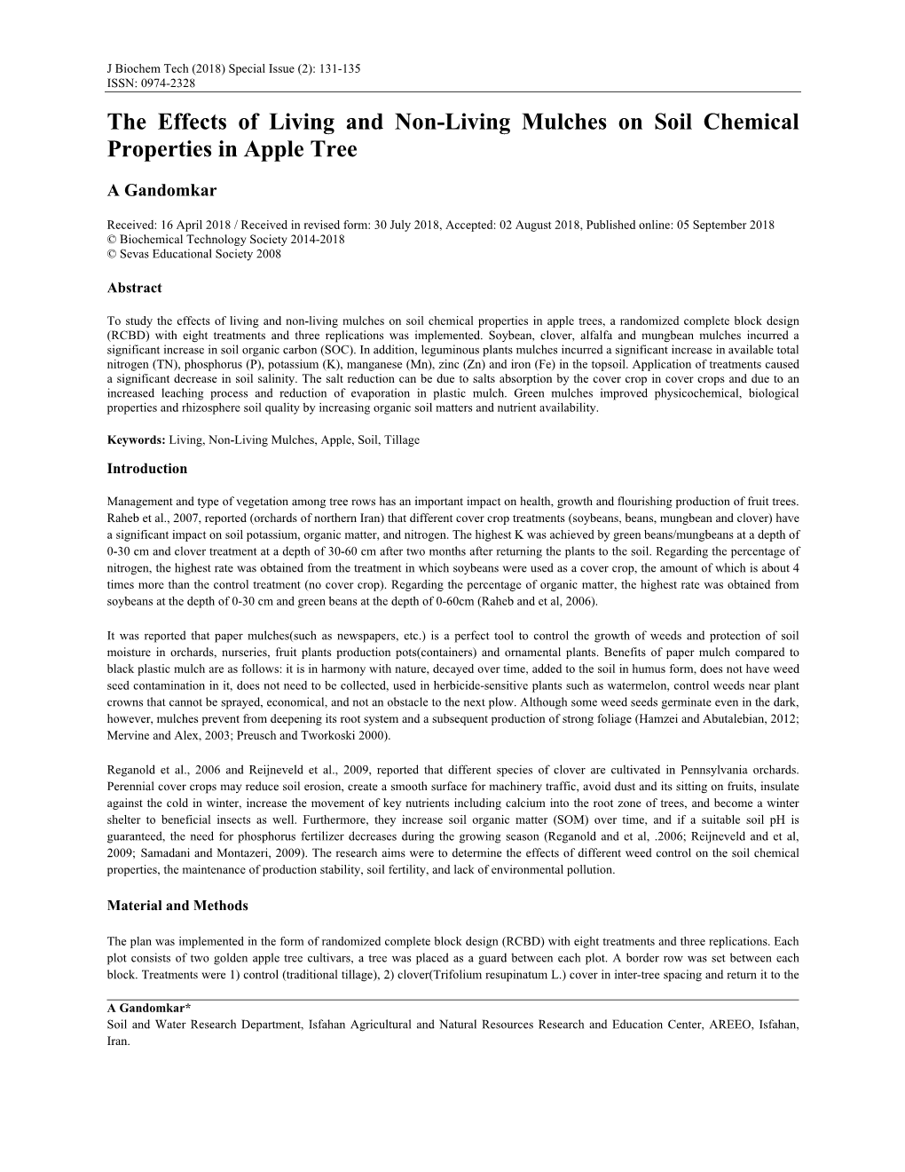 The Effects of Living and Non-Living Mulches on Soil Chemical Properties in Apple Tree