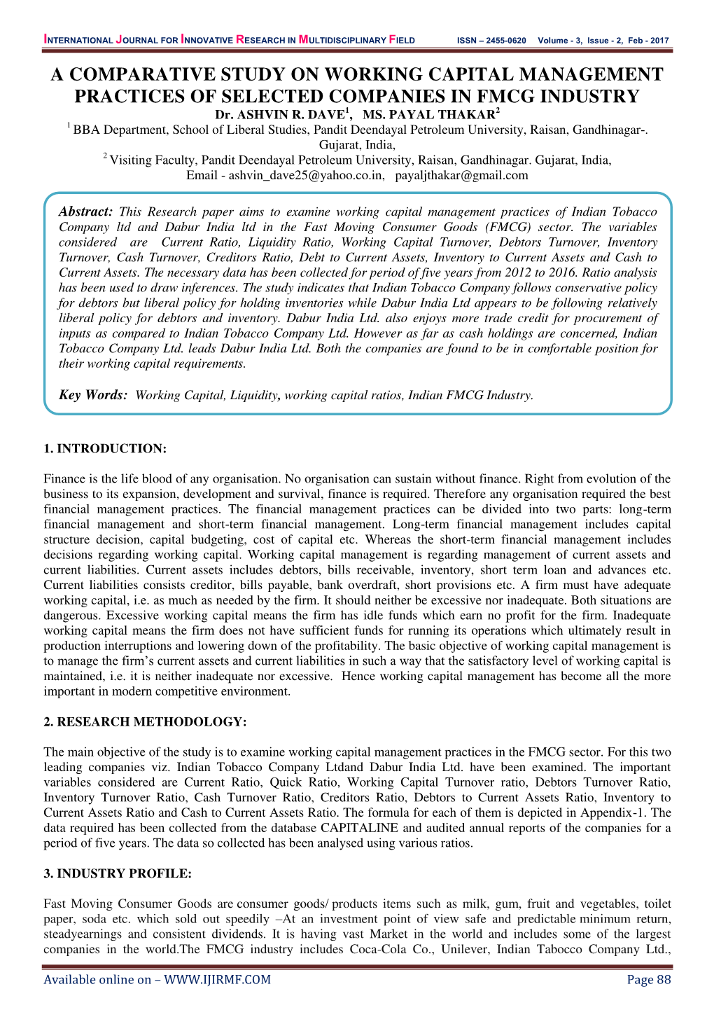 A COMPARATIVE STUDY on WORKING CAPITAL MANAGEMENT PRACTICES of SELECTED COMPANIES in FMCG INDUSTRY Dr