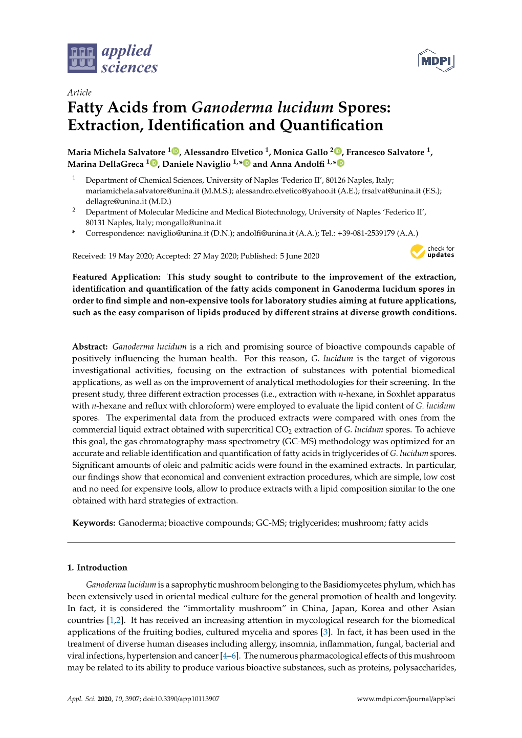 Fatty Acids from Ganoderma Lucidum Spores: Extraction, Identification