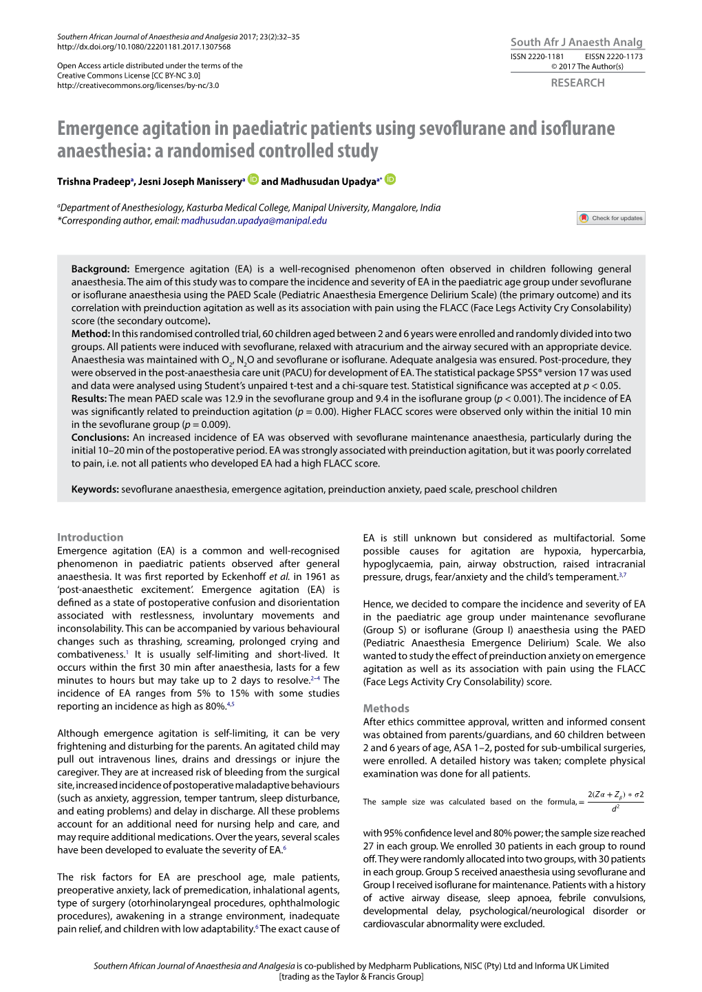 Emergence Agitation in Paediatric Patients Using Sevoflurane and Isoflurane Anaesthesia: a Randomised Controlled Study