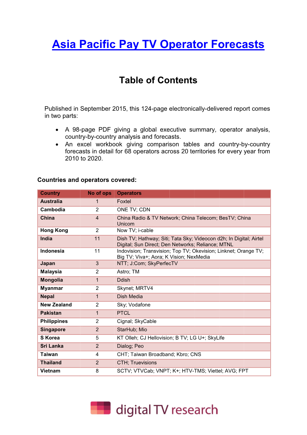 Asia Pacific Pay TV Operator Forecasts