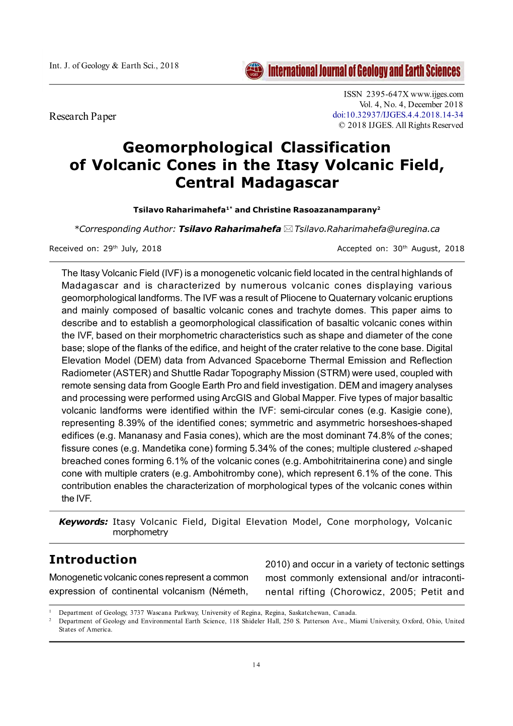 Geomorphological Classification of Volcanic Cones in the Itasy Volcanic Field, Central Madagascar