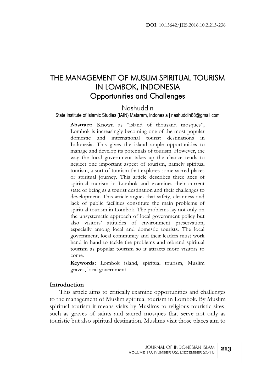 The Management of Muslim Spiritual Tourism in Lombok