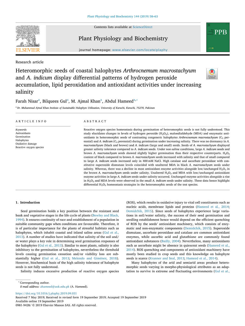 Heteromorphic Seeds of Coastal Halophytes Arthrocnemum Macrostachyum and A