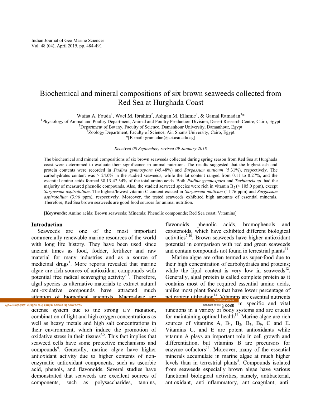 Biochemical and Mineral Compositions of Six Brown Seaweeds Collected from Red Sea at Hurghada Coast