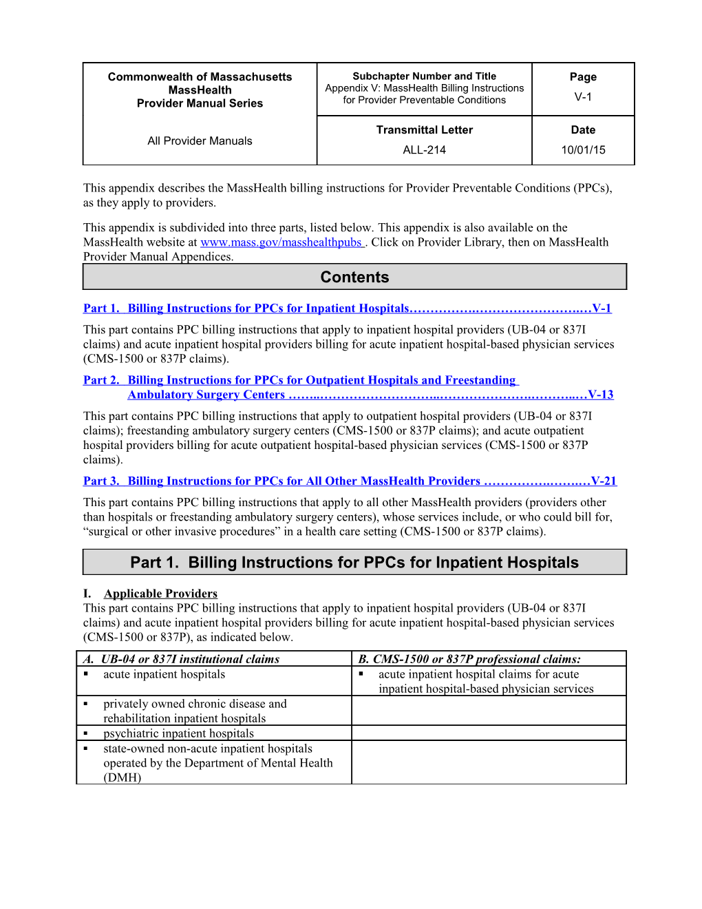 Part 1. Billing Instructions for Ppcs for Inpatient Hospitals . . V-1