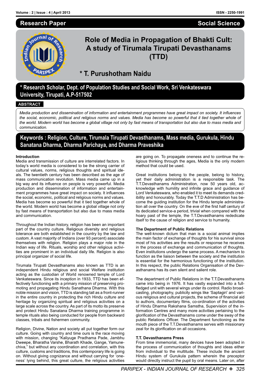 A Study of Tirumala Tirupati Devasthanams (TTD)