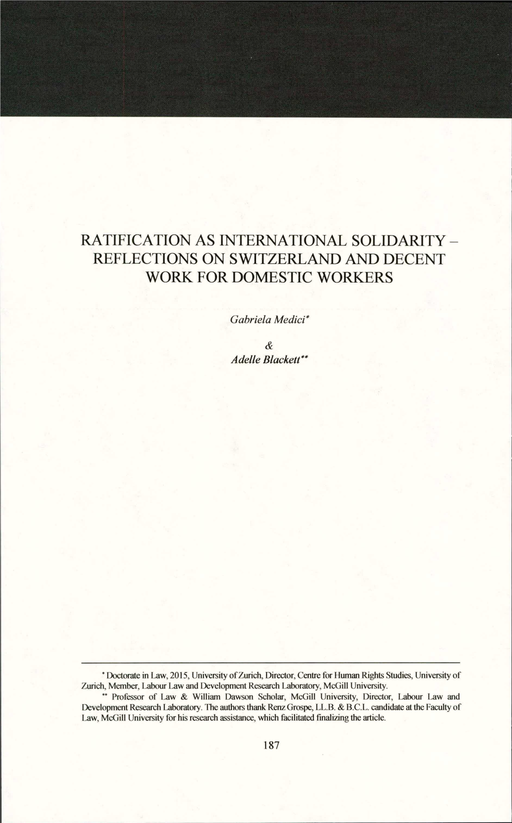 Ratification As International Solidarity - Reflections on Switzerland and Decent Work for Domestic Workers