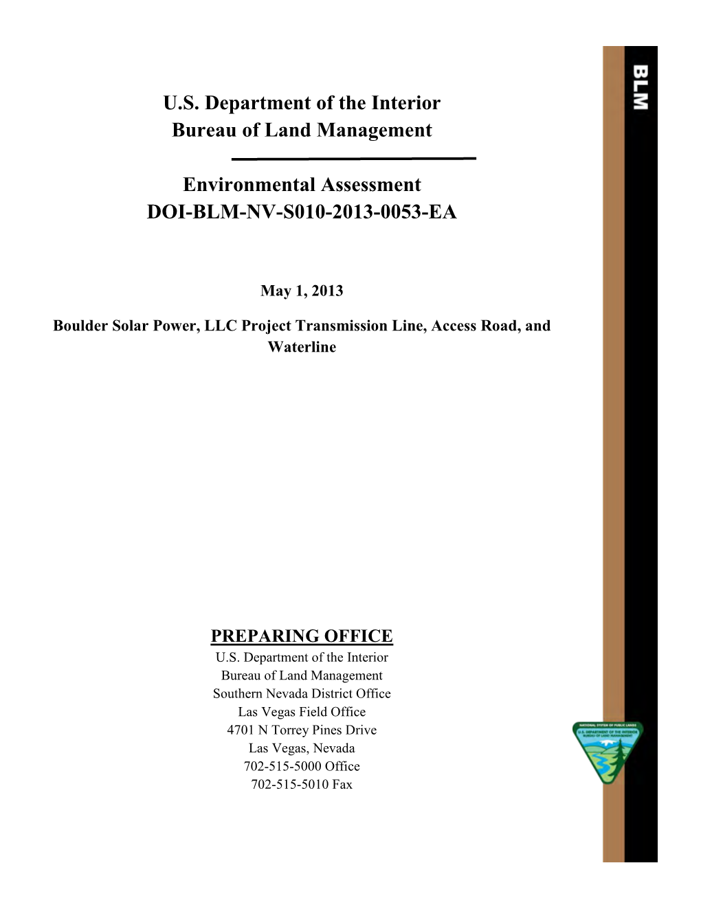 May 1, 2013 Boulder Solar Power, LLC Project Transmission Line