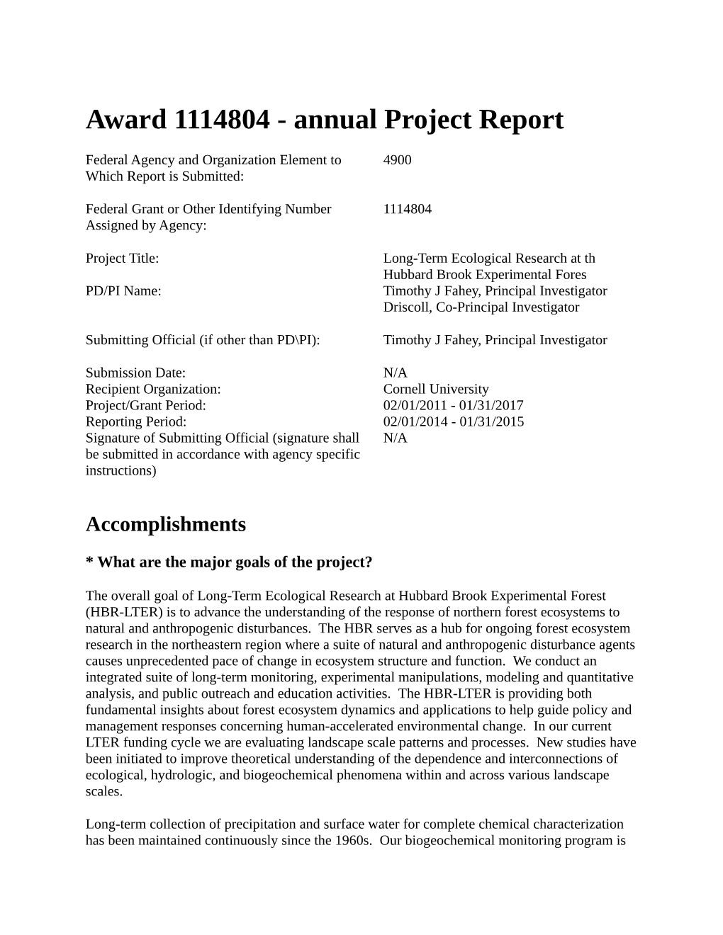 Award 1114804 - Annual Project Report