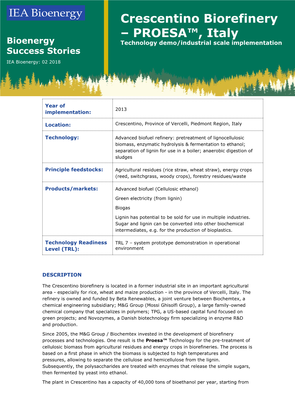 Crescentino Biorefinery – PROESA™, Italy Bioenergy Technology Demo/Industrial Scale Implementation Success Stories