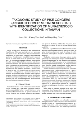 Taxonomic Study of Pike Congers (Anguilliformes: Muraenesocidae) with Identification of Muraenesocid Collections in Taiwan
