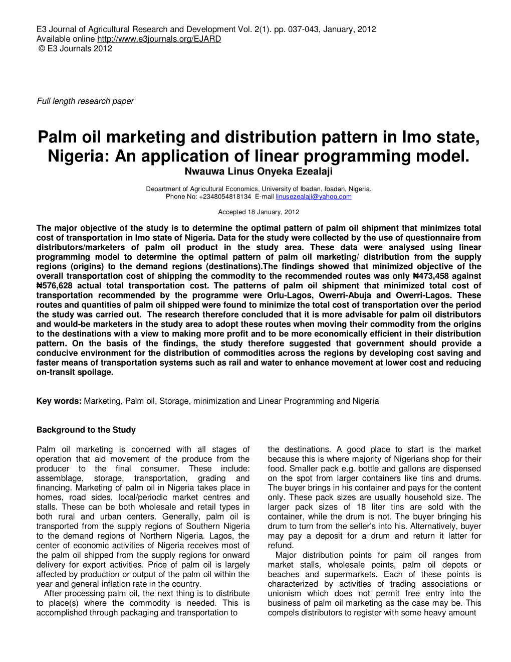 Palm Oil Marketing and Distribution Pattern in Imo State, Nigeria: an Application of Linear Programming Model