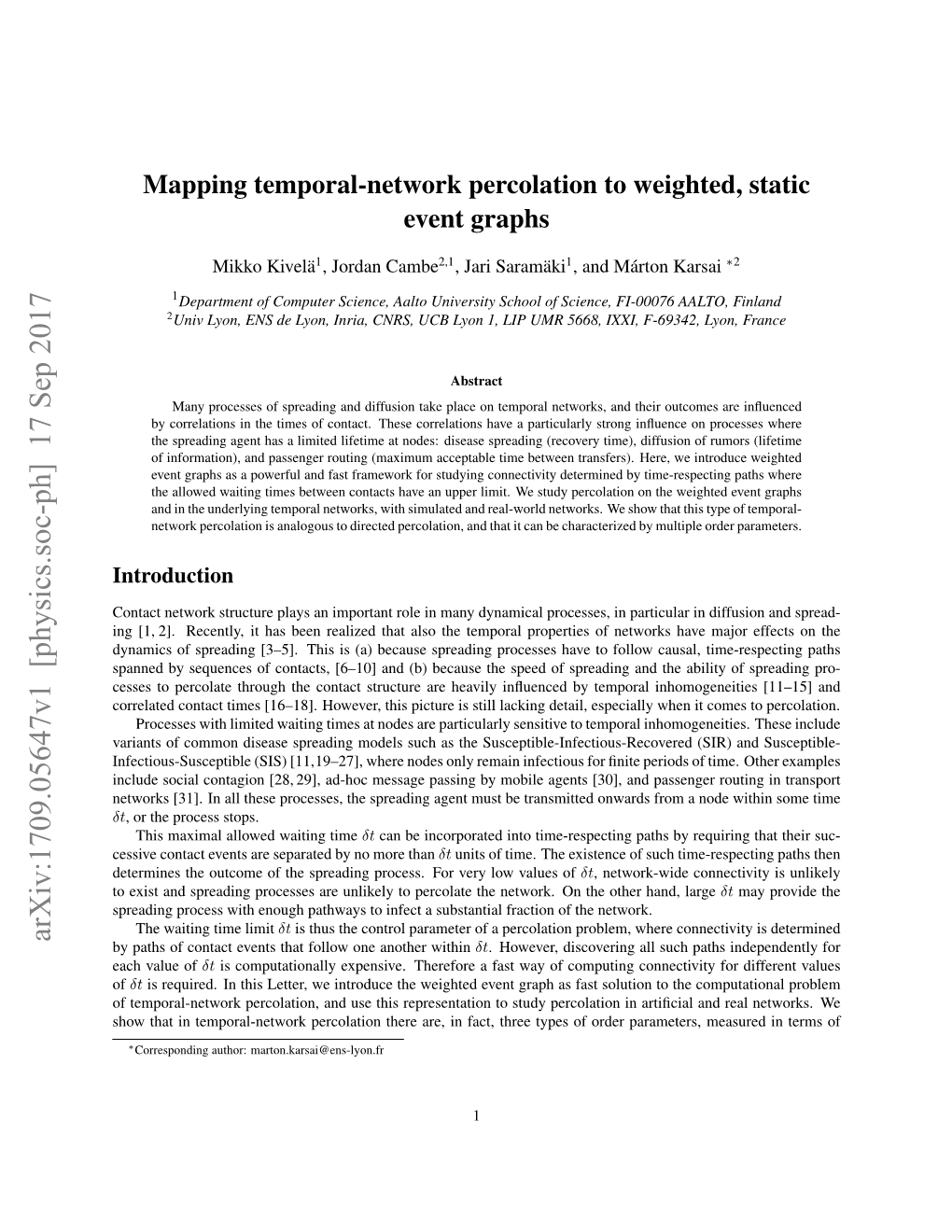 Mapping Temporal-Network Percolation to Weighted, Static Event Graphs