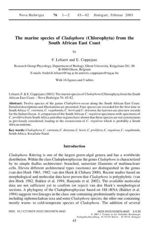 The Marine Species of Cladophora (Chlorophyta) from the South African East Coast