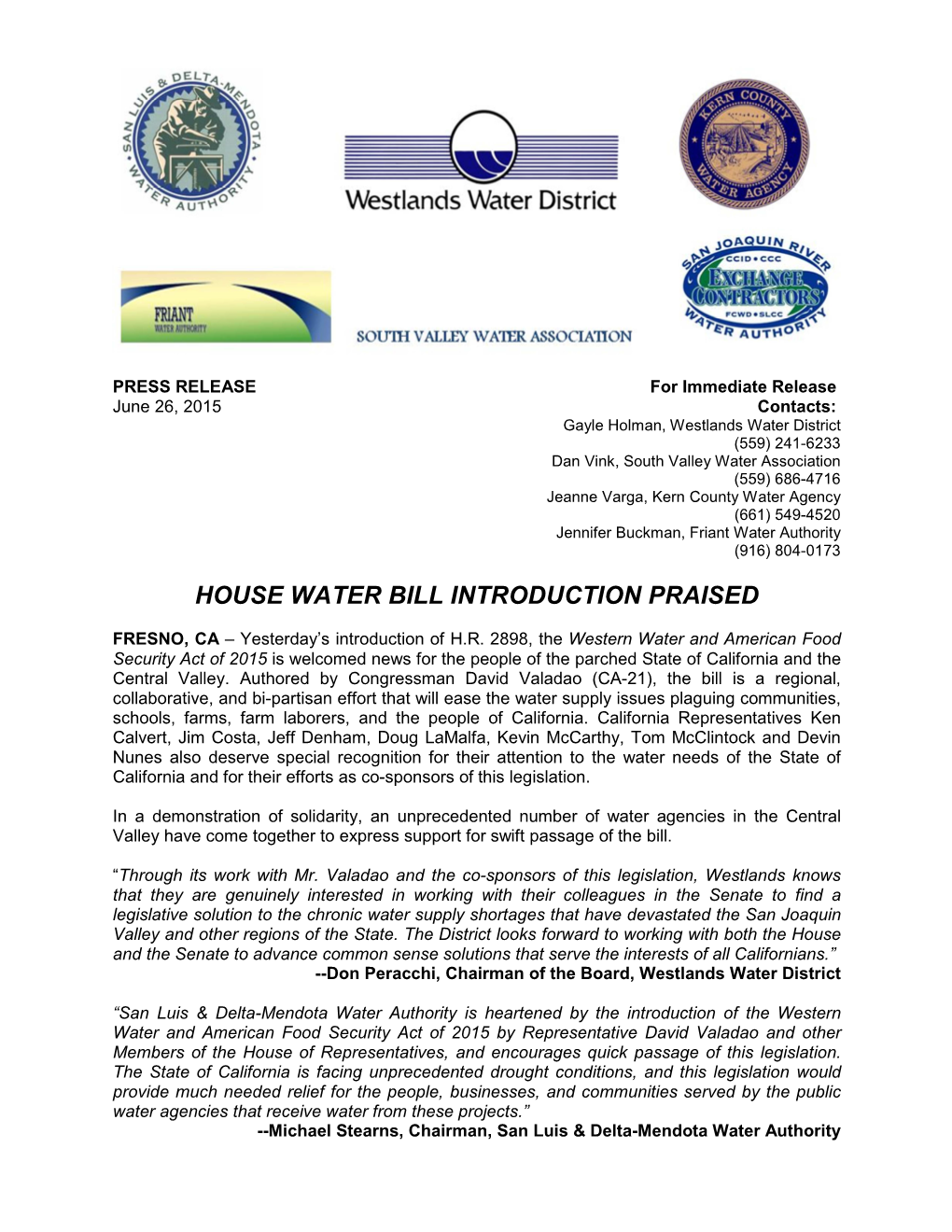 House Water Bill Introduction Praised