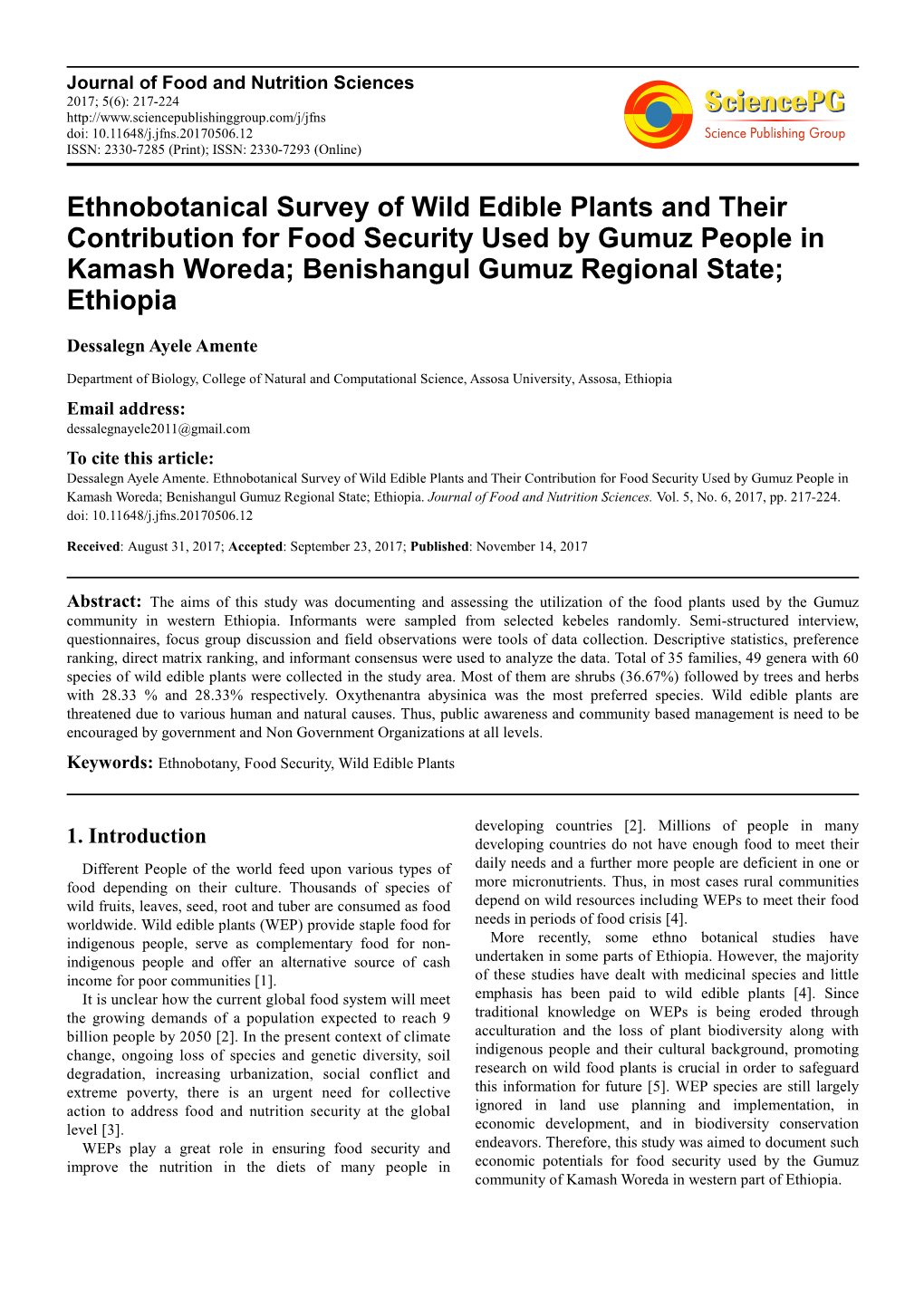 Ethnobotanical Survey of Wild Edible Plants and Their Contribution for Food Security Used by Gumuz People in Kamash Woreda